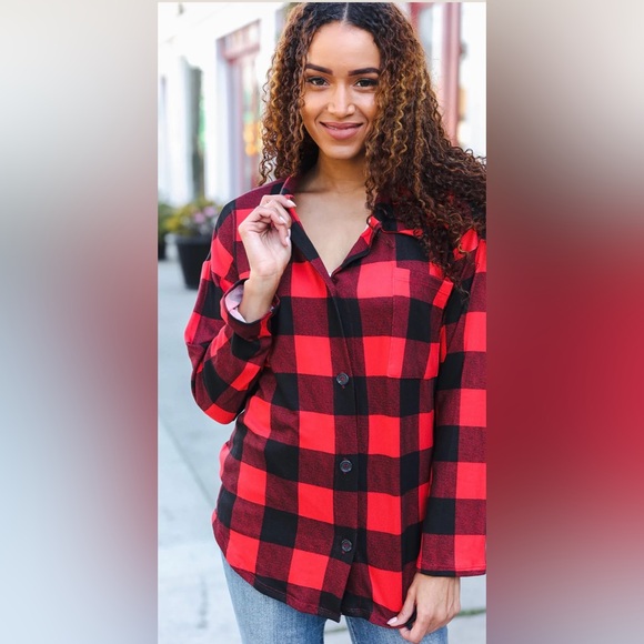 Reborn J Tops - NWT REBORN J RED PLAID BUTTON DOWN TOP